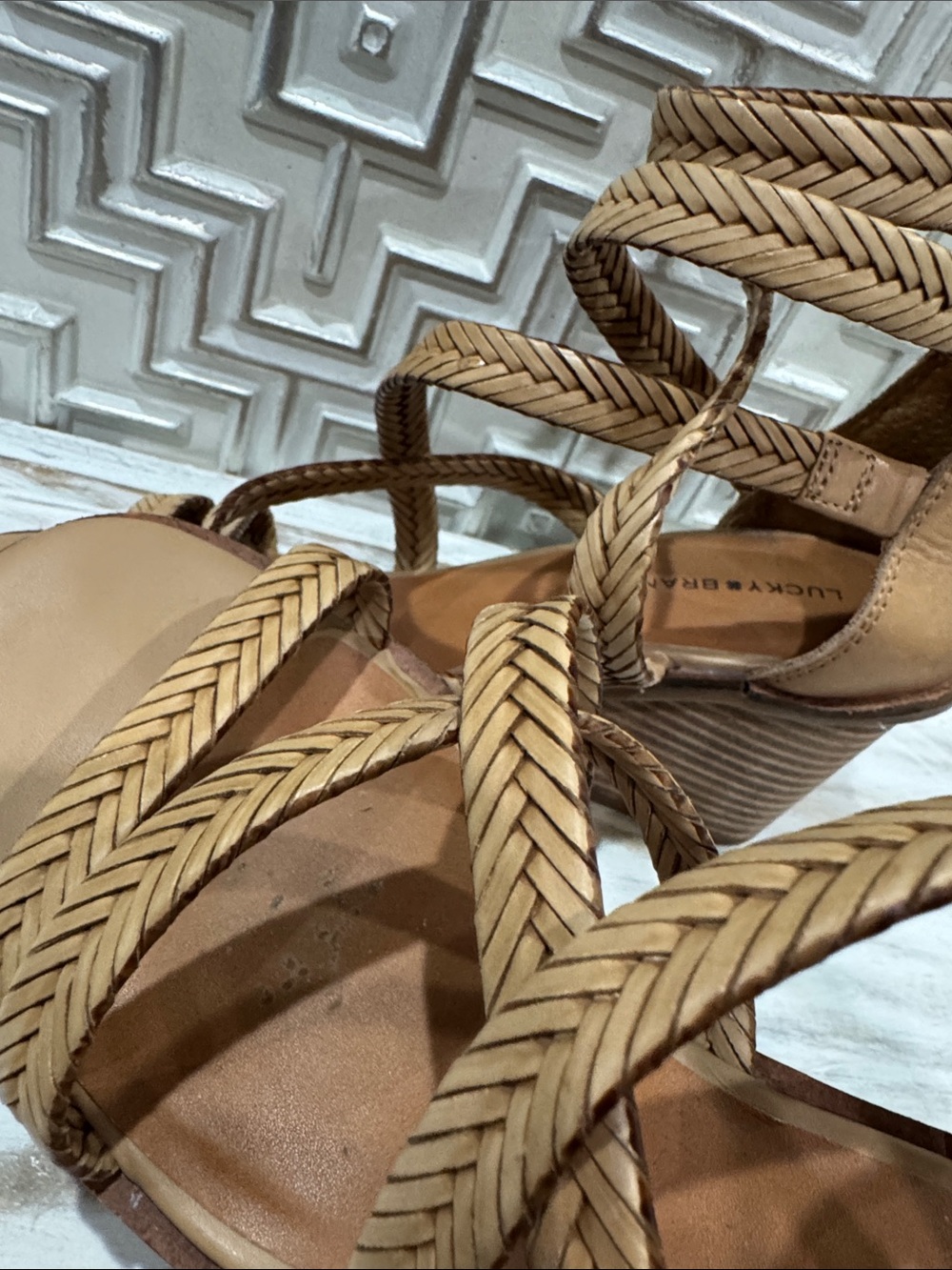 Lucky Brand Braided Tan Wedge Sandals with Strappy Detail - Picture 3 of 4